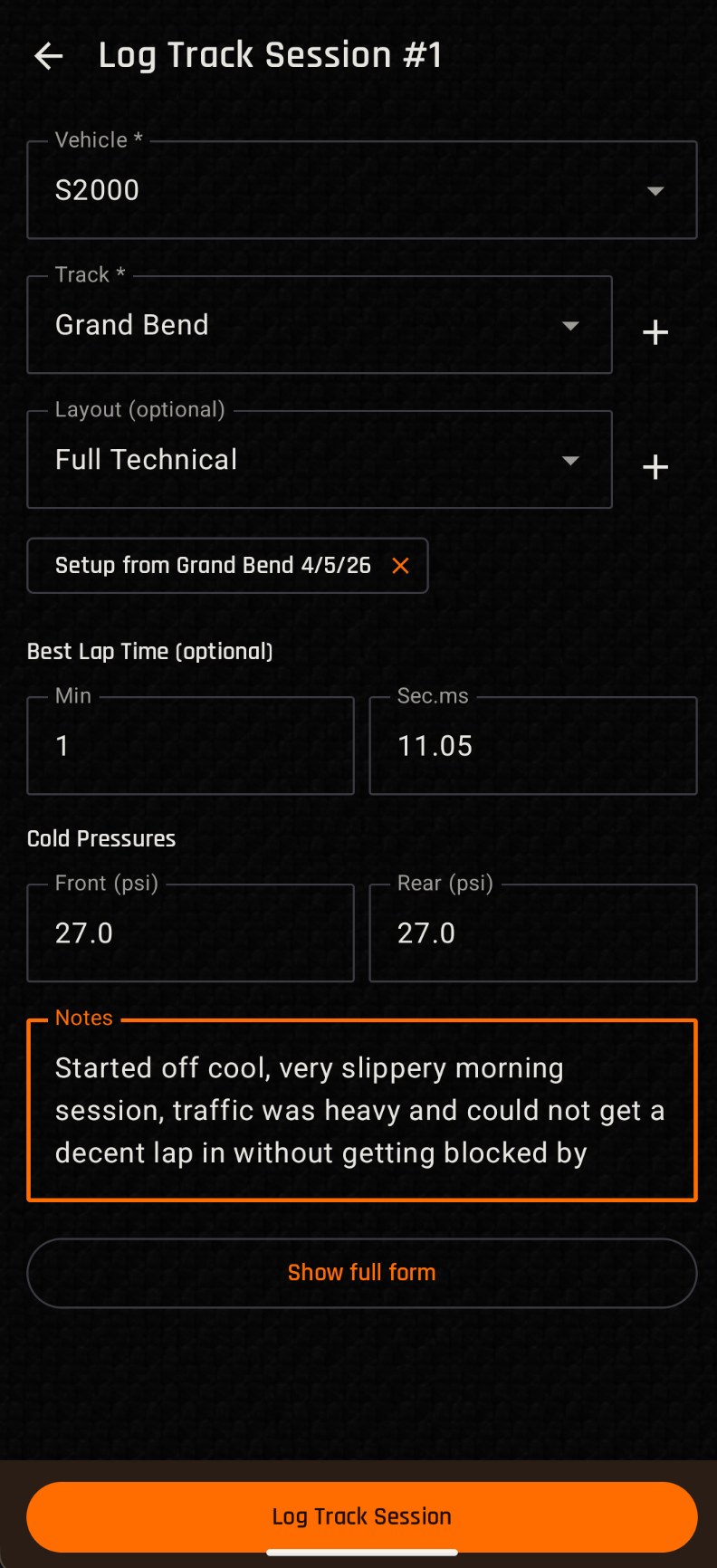 Session logging form